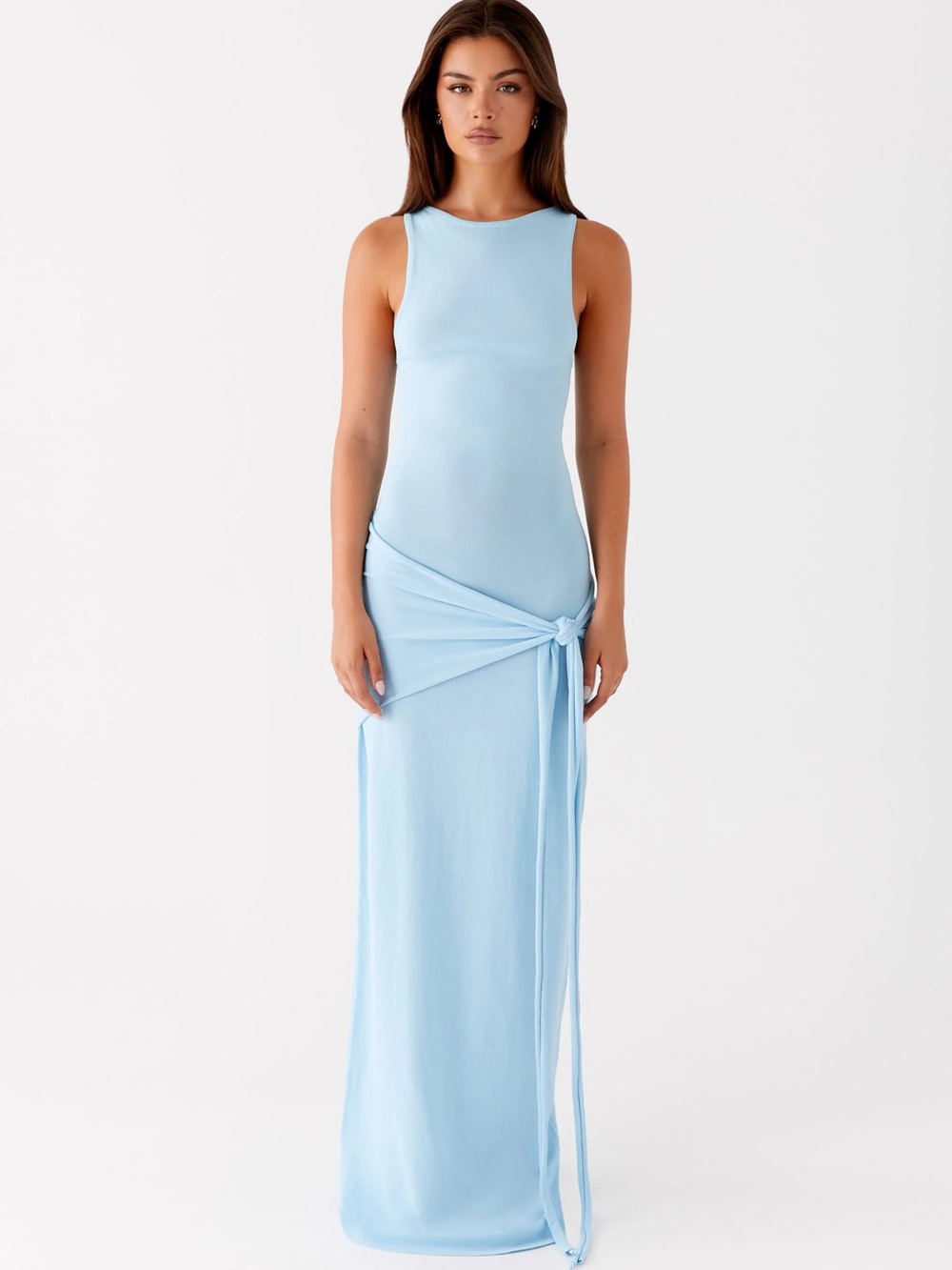 NWT Peppermayo Leona Maxi Dress Sky Blue Knit Hip Wrap Tie Sleeveless Size S-M